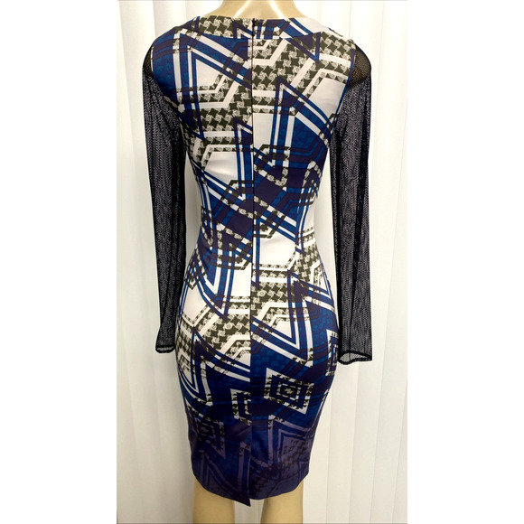 Karen Millen Dress Sheath Round Neck Mesh Sleeve Blue Purple Geometric 4 S - Picture 6 of 9